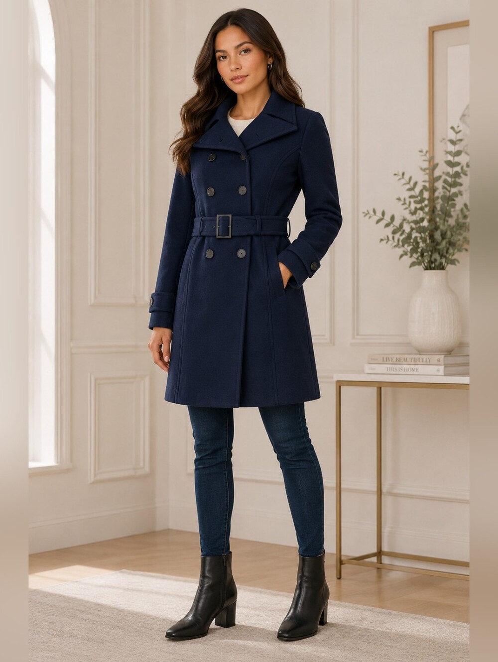 ARITZIA Babaton New Wool-Cashmere Double Breasted Coat Navy Blue Size Small